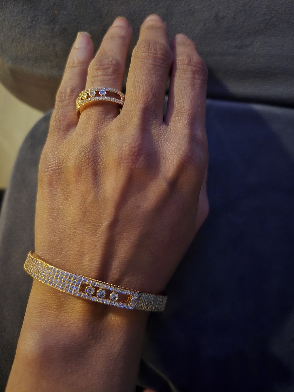22kgp Dubai Messika Ste Jewelry Gold CZ Bracelet and Ring Set
